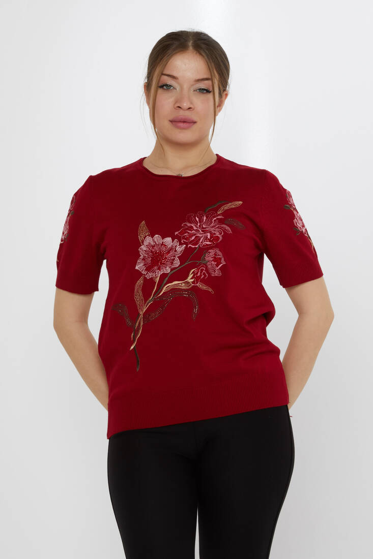 Women's Knitwear Stone Embroidered Claret Red - 31725 | KAZEE
