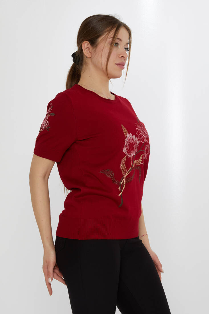 Women's Knitwear Stone Embroidered Claret Red - 31725 | KAZEE