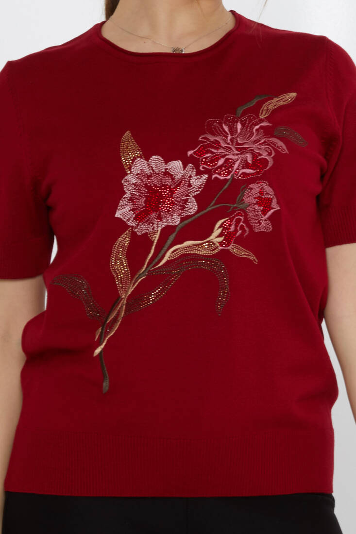 Women's Knitwear Stone Embroidered Claret Red - 31725 | KAZEE