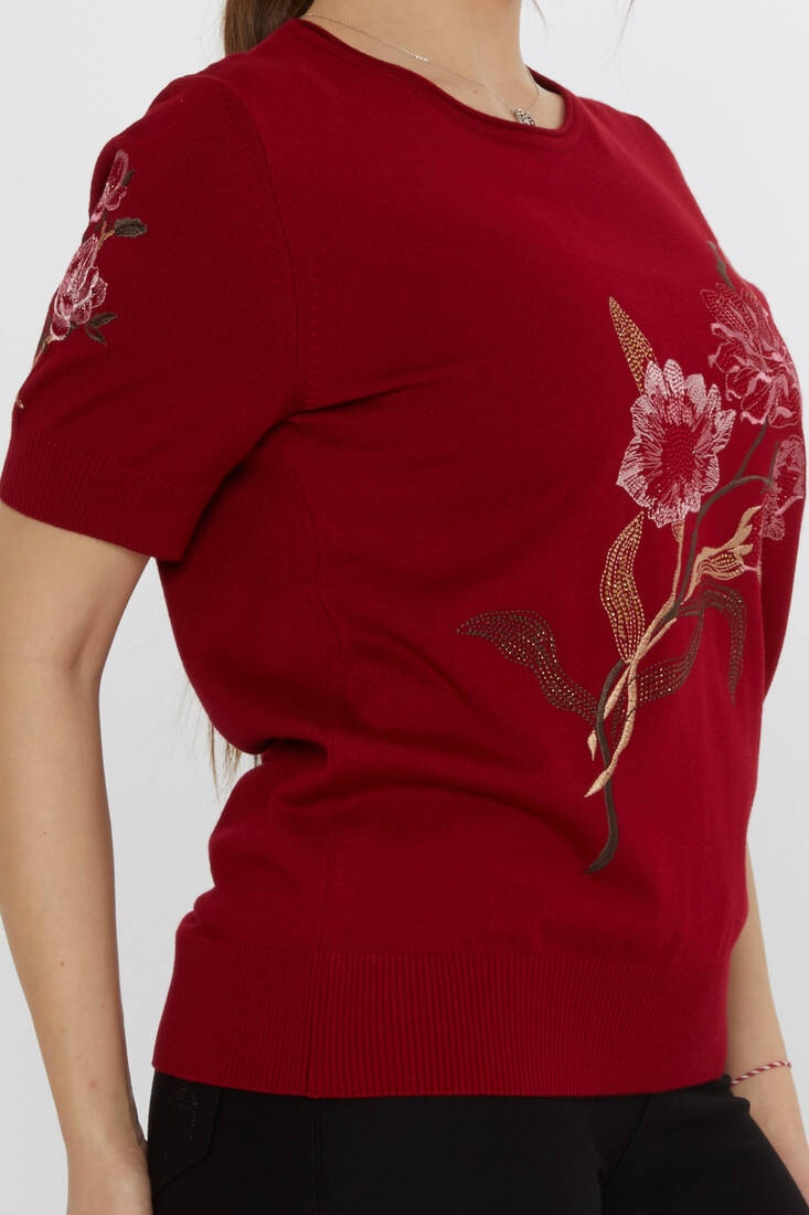 Women's Knitwear Stone Embroidered Claret Red - 31725 | KAZEE