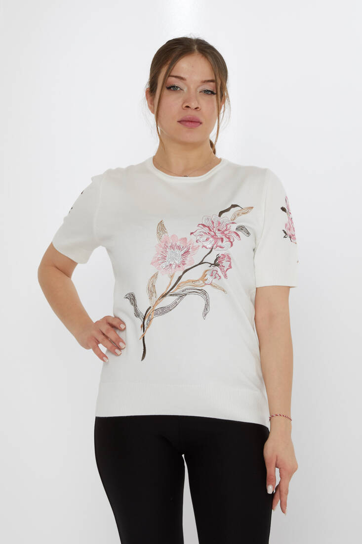 Women's Knitwear Stone Embroidered Ecru - 31725 | KAZEE
