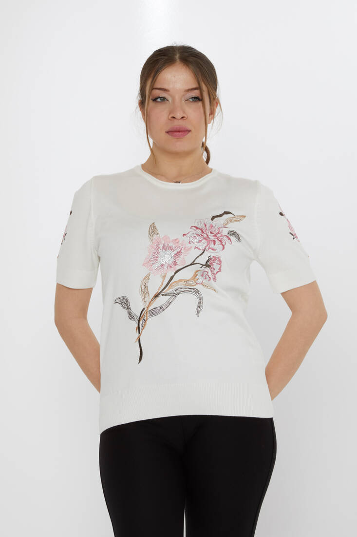 Women's Knitwear Stone Embroidered Ecru - 31725 | KAZEE