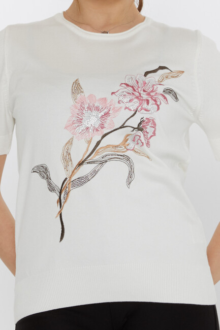 Women's Knitwear Stone Embroidered Ecru - 31725 | KAZEE - Thumbnail