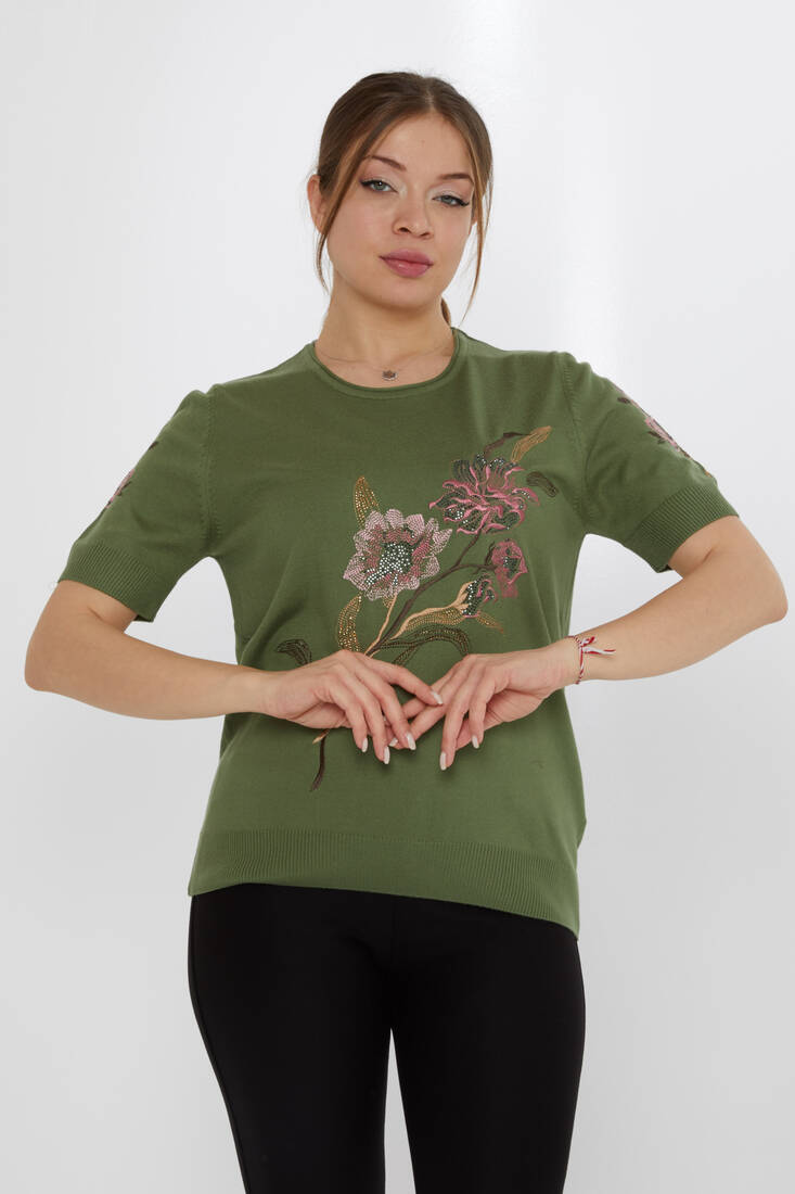 Women's Knitwear Stone Embroidered Khaki - 31725 | KAZEE