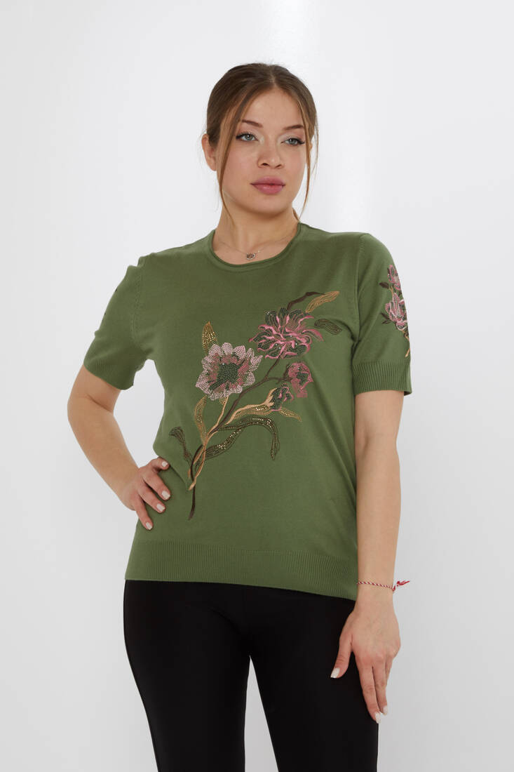 Women's Knitwear Stone Embroidered Khaki - 31725 | KAZEE