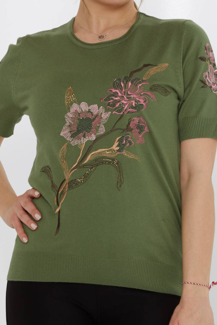 Women's Knitwear Stone Embroidered Khaki - 31725 | KAZEE