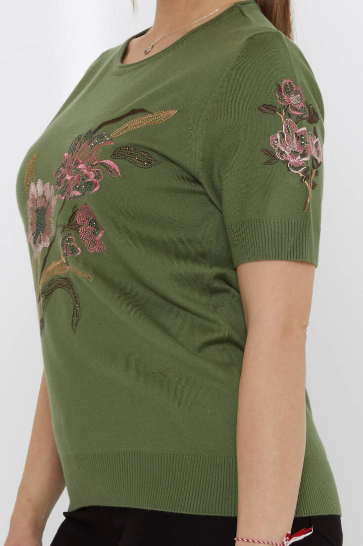 Women's Knitwear Stone Embroidered Khaki - 31725 | KAZEE