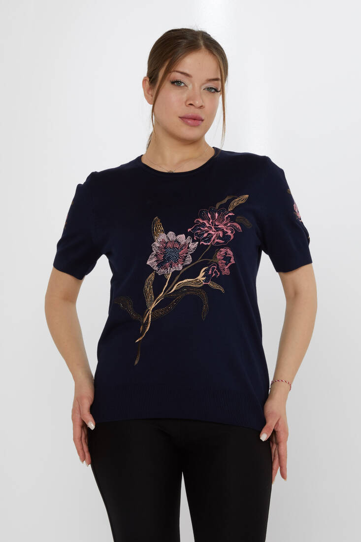 Women's Knitwear Stone Embroidered Navy Blue - 31725 | KAZEE
