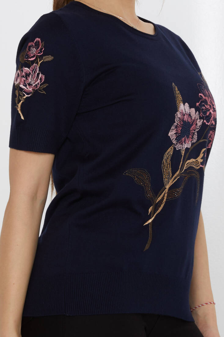 Women's Knitwear Stone Embroidered Navy Blue - 31725 | KAZEE
