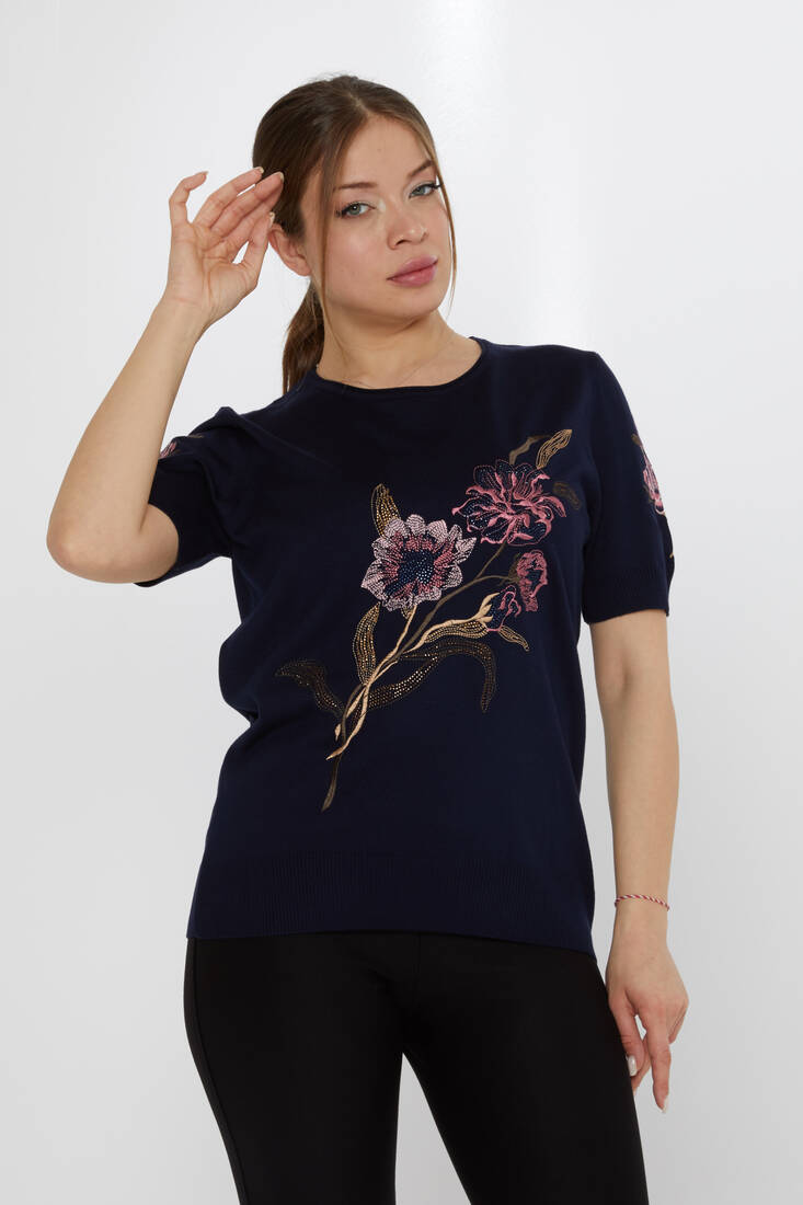 Women's Knitwear Stone Embroidered Navy Blue - 31725 | KAZEE