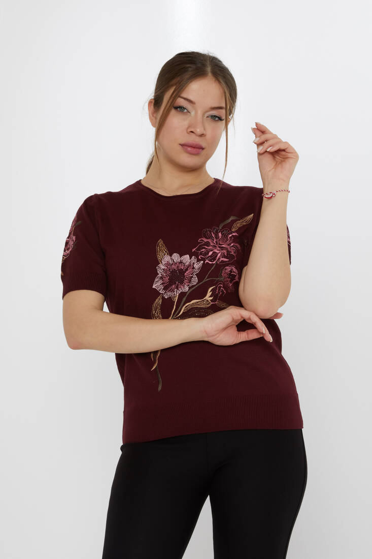 Women's Knitwear Stone Embroidered Plum - 31725 | KAZEE