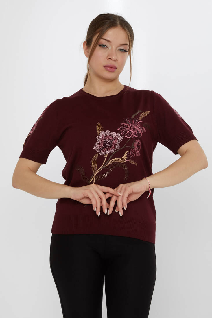 Women's Knitwear Stone Embroidered Plum - 31725 | KAZEE