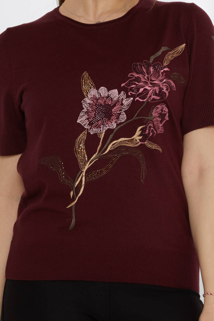 Women's Knitwear Stone Embroidered Plum - 31725 | KAZEE