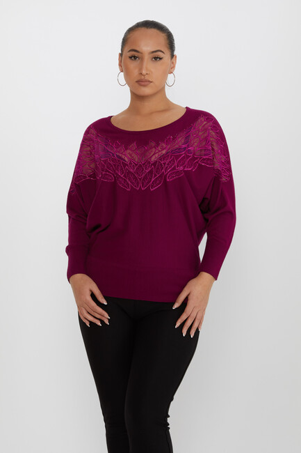 Women's Knitwear Stone Embroidered Purple - 16942 | KAZEE - Thumbnail