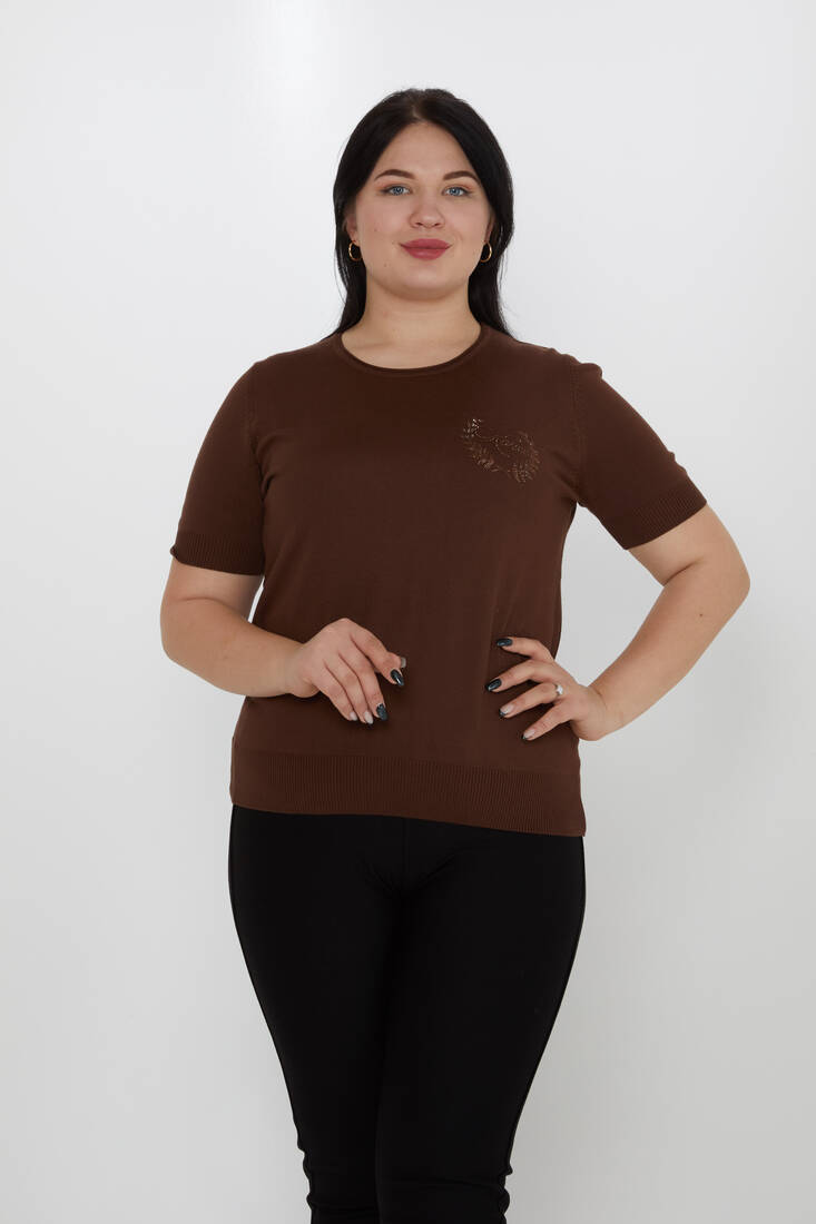 Women's Knitwear Stone Kazee Text Detailed American Model Brown - 31773 | KAZEE