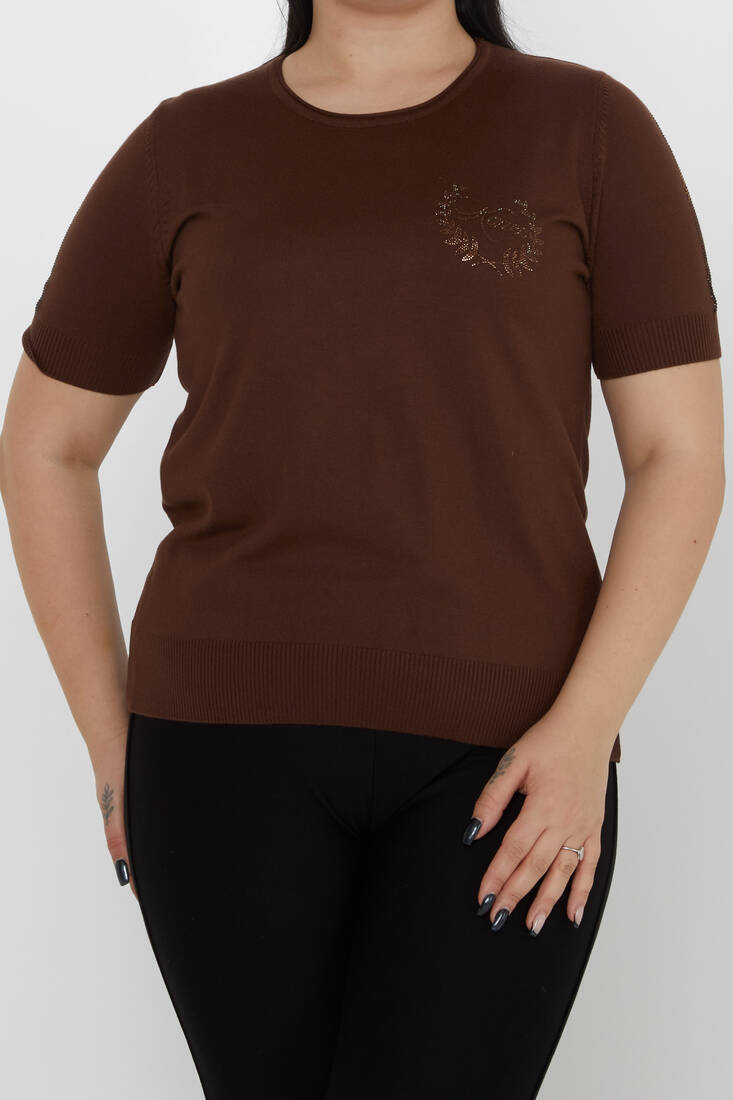 Women's Knitwear Stone Kazee Text Detailed American Model Brown - 31773 | KAZEE