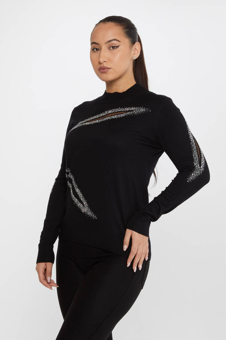 Women's Knitwear Stone Tulle Detail Black-Ecru - 30090 | KAZEE