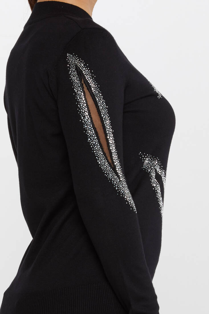 Women's Knitwear Stone Tulle Detail Black-Ecru - 30090 | KAZEE