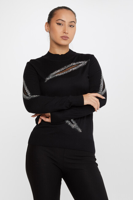Women's Knitwear Stone Tulle Detail Black-Ecru - 30090 | KAZEE - Thumbnail