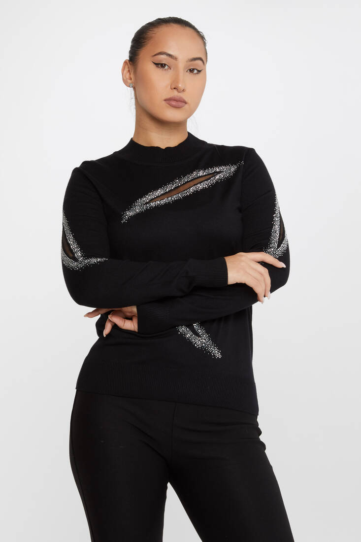 Women's Knitwear Stone Tulle Detail Black-Ecru - 30090 | KAZEE