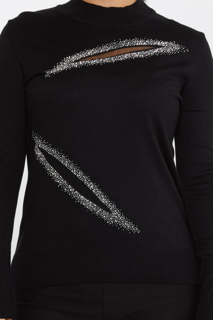 Women's Knitwear Stone Tulle Detail Black-Ecru - 30090 | KAZEE