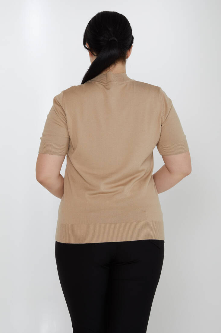 Women's Knitwear Stand Collar Stoned Beige - 31550 | KAZEE
