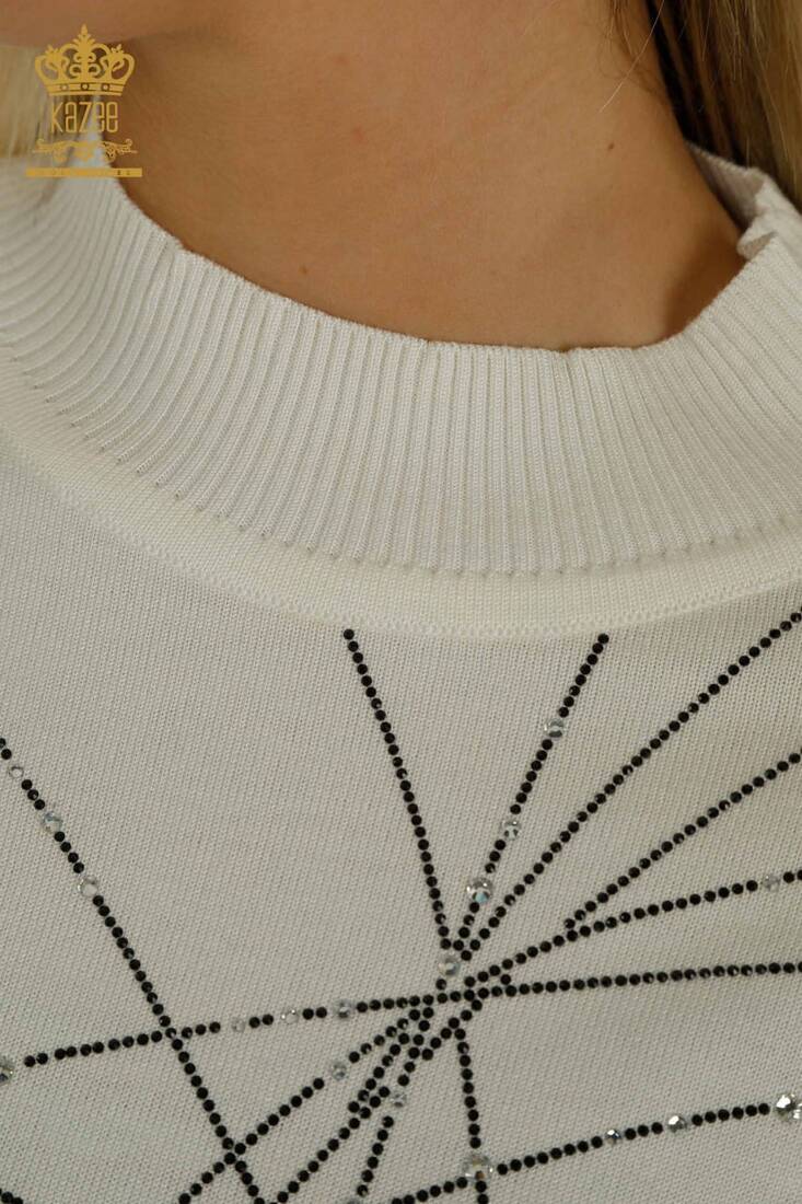 Women's Knitwear Stoned Stand Collar Ecru - 30454 | KAZEE