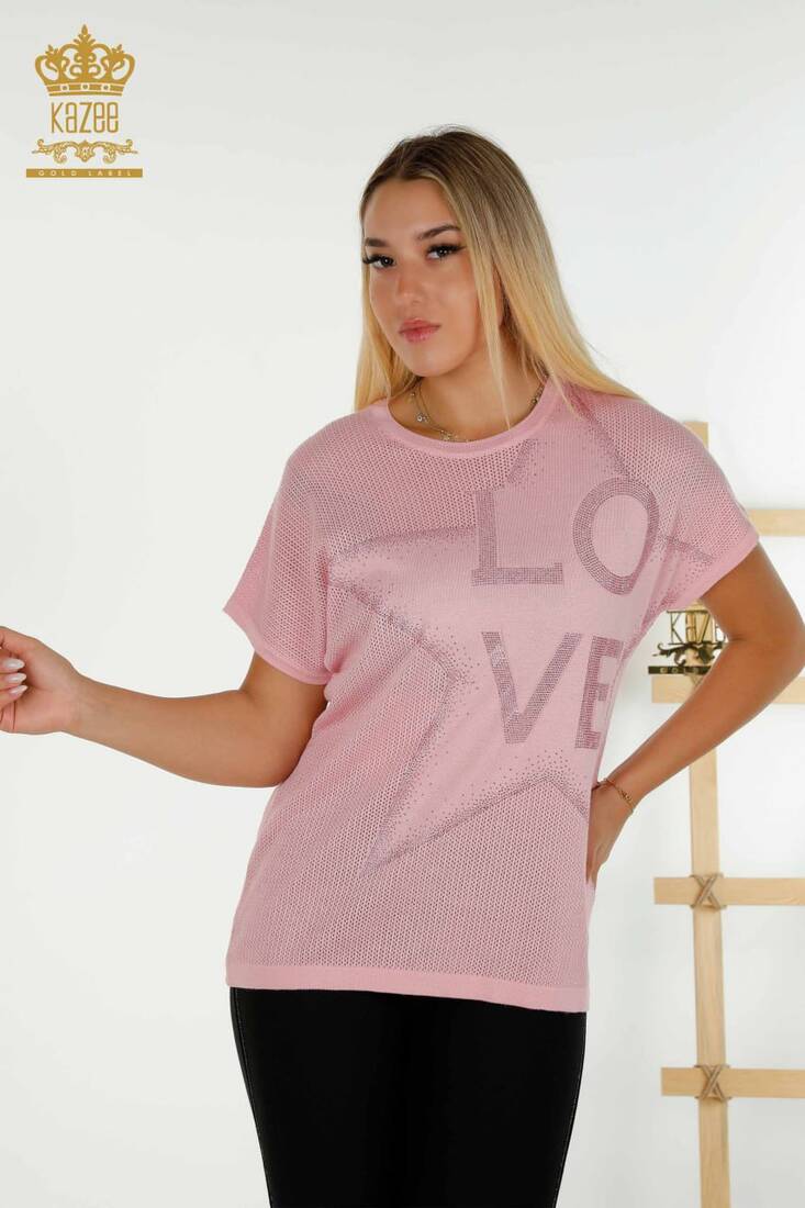 Women's Knitwear with Text Detail Pink - 30501 | KAZEE