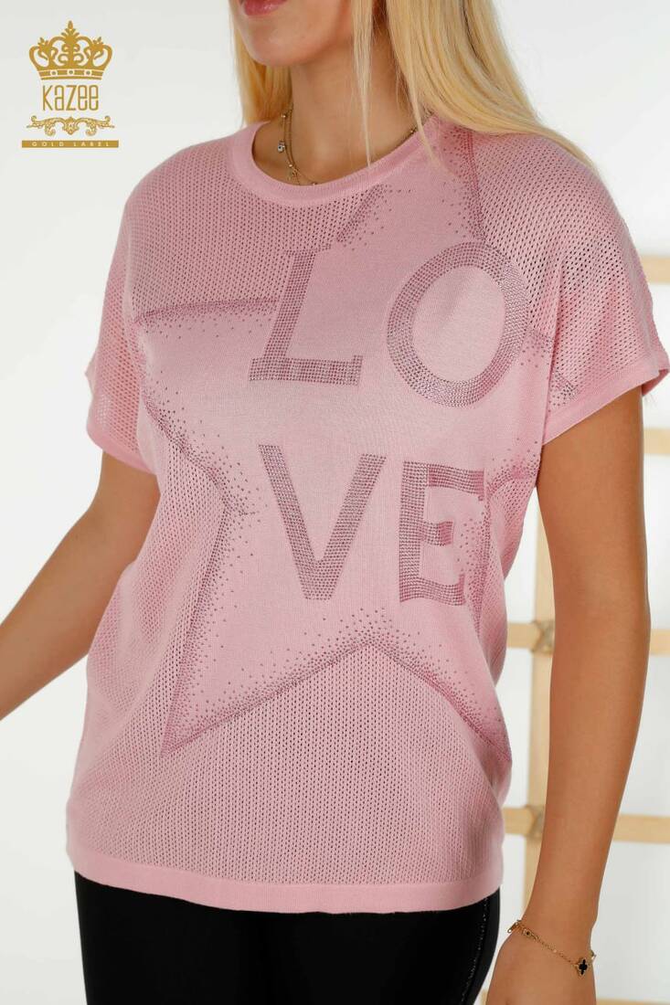 Women's Knitwear with Text Detail Pink - 30501 | KAZEE
