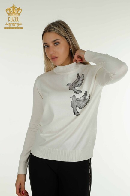 Women's Sweater Stoned Bird Patterned Ecru - 30745 | KAZEE - Thumbnail