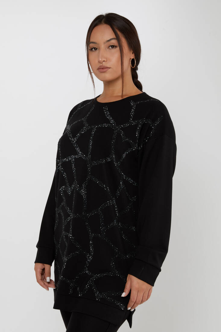 Women's Sweatshirt Crystal Stone Embroidered Black - 17801 | KAZEE