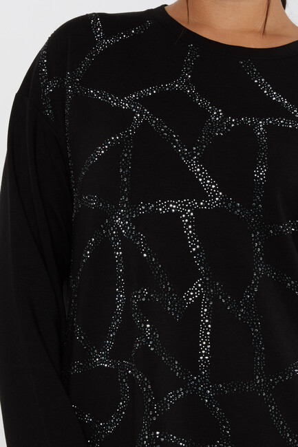 Women's Sweatshirt Crystal Stone Embroidered Black - 17801 | KAZEE - Thumbnail