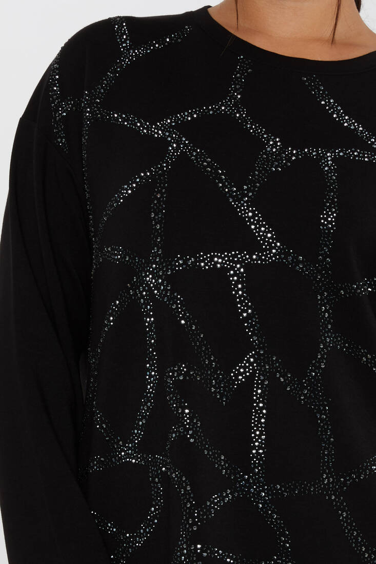 Women's Sweatshirt Crystal Stone Embroidered Black - 17801 | KAZEE