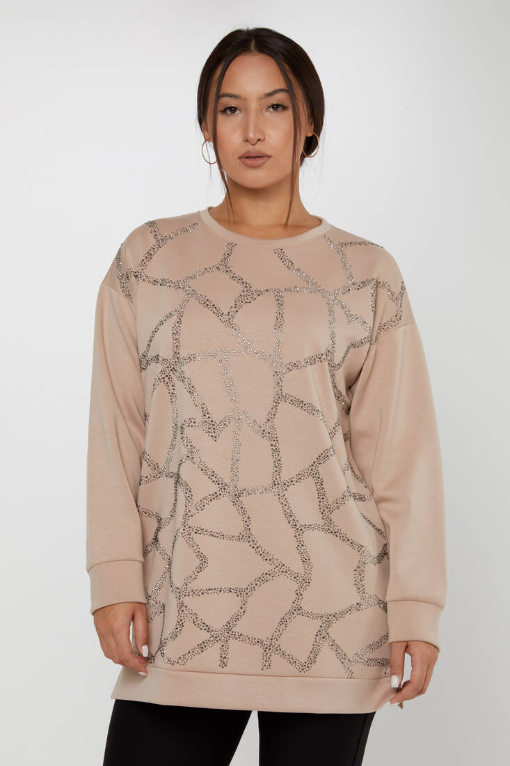 Women's Sweatshirt Crystal Stone Embroidered Mink - 17801 | KAZEE