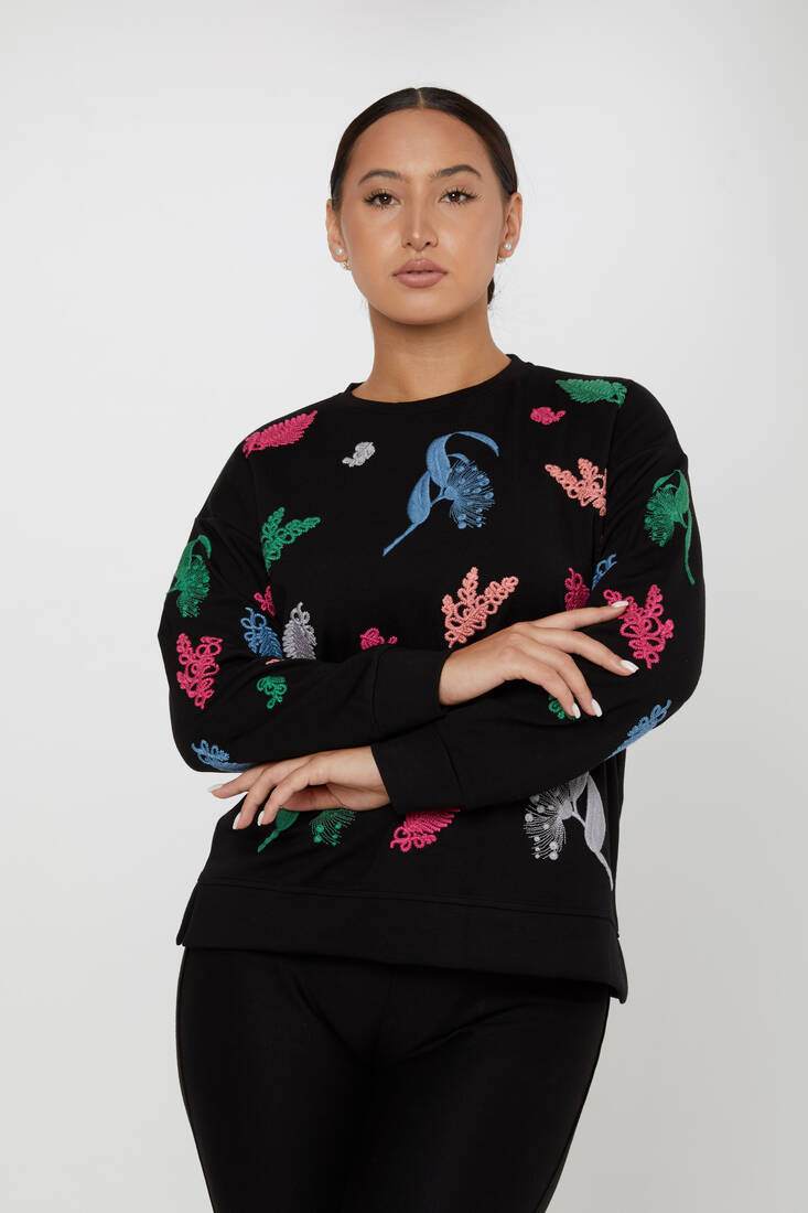 Women's Sweatshirt Embroidered Long Sleeve Black - 17798 | KAZEE
