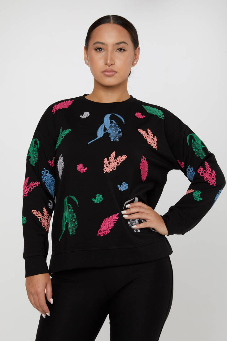 Women's Sweatshirt Embroidered Long Sleeve Black - 17798 | KAZEE
