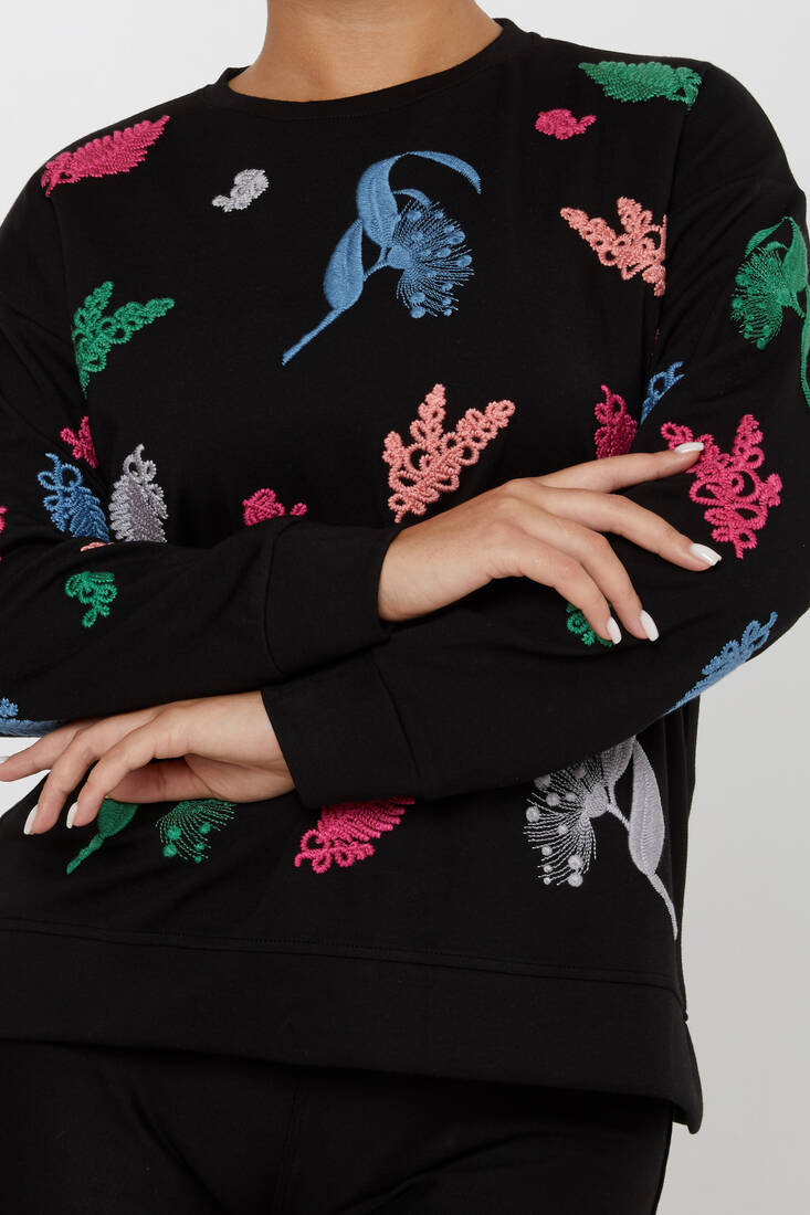 Women's Sweatshirt Embroidered Long Sleeve Black - 17798 | KAZEE