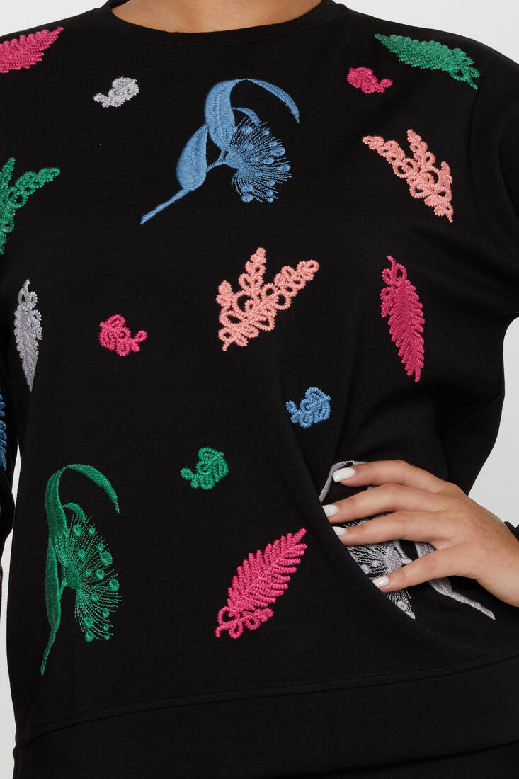 Women's Sweatshirt Embroidered Long Sleeve Black - 17798 | KAZEE