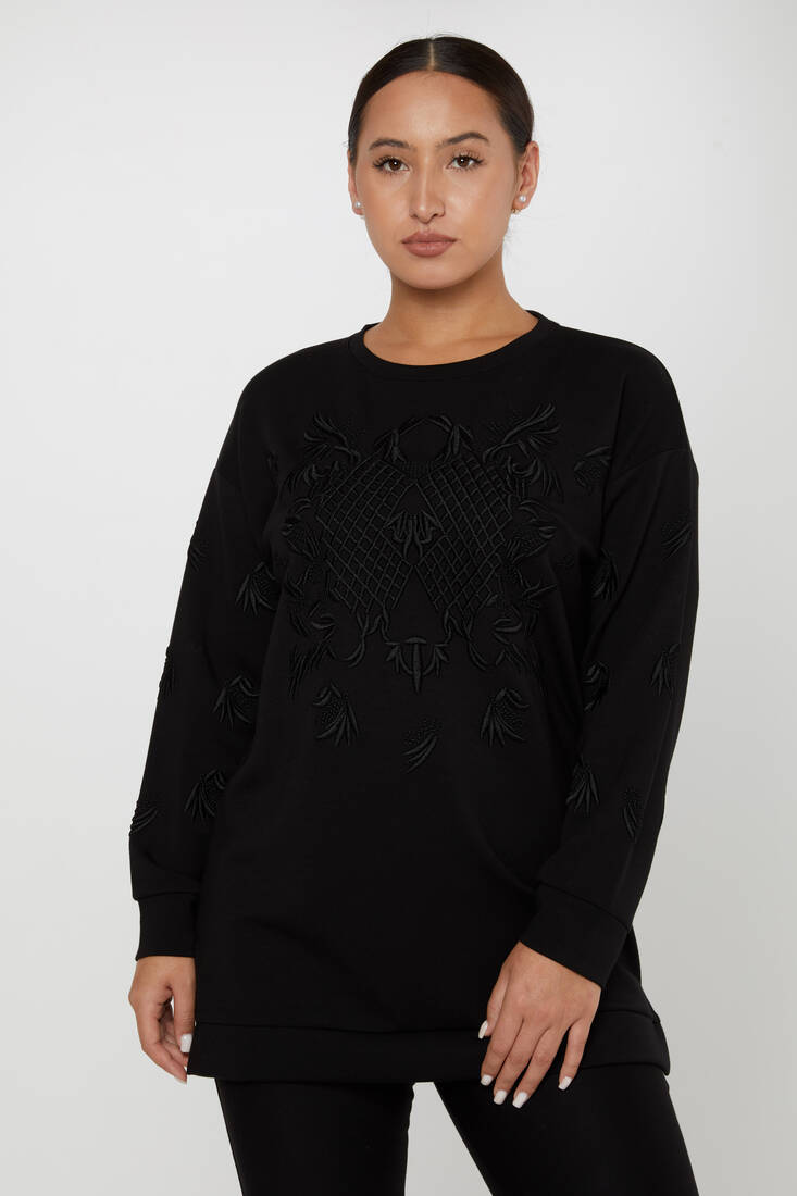 Women's Sweatshirt Embroidered Long Sleeve Black - 17849 | KAZEE