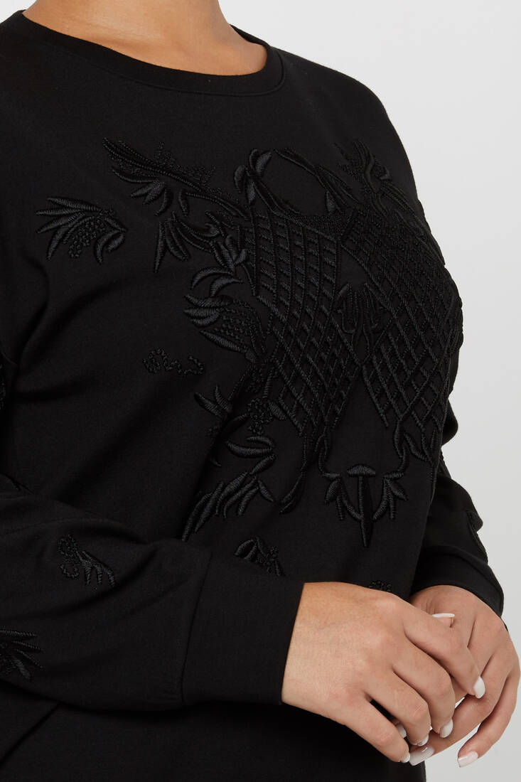 Women's Sweatshirt Embroidered Long Sleeve Black - 17849 | KAZEE