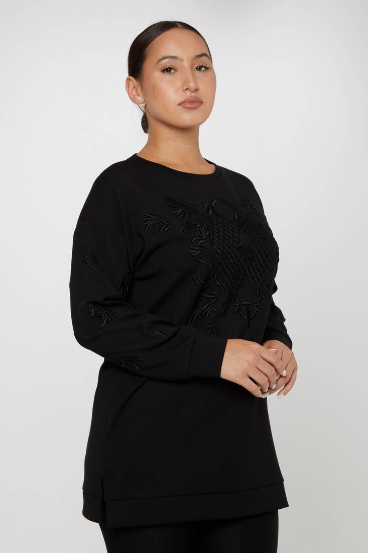 Women's Sweatshirt Embroidered Long Sleeve Black - 17849 | KAZEE
