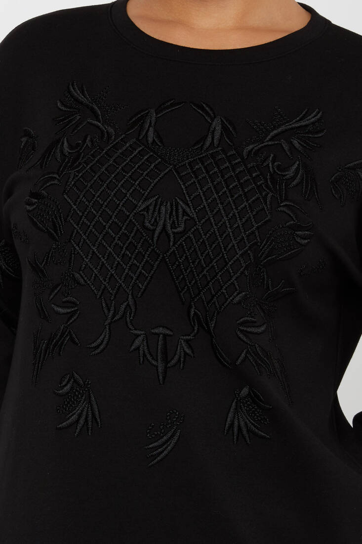 Women's Sweatshirt Embroidered Long Sleeve Black - 17849 | KAZEE