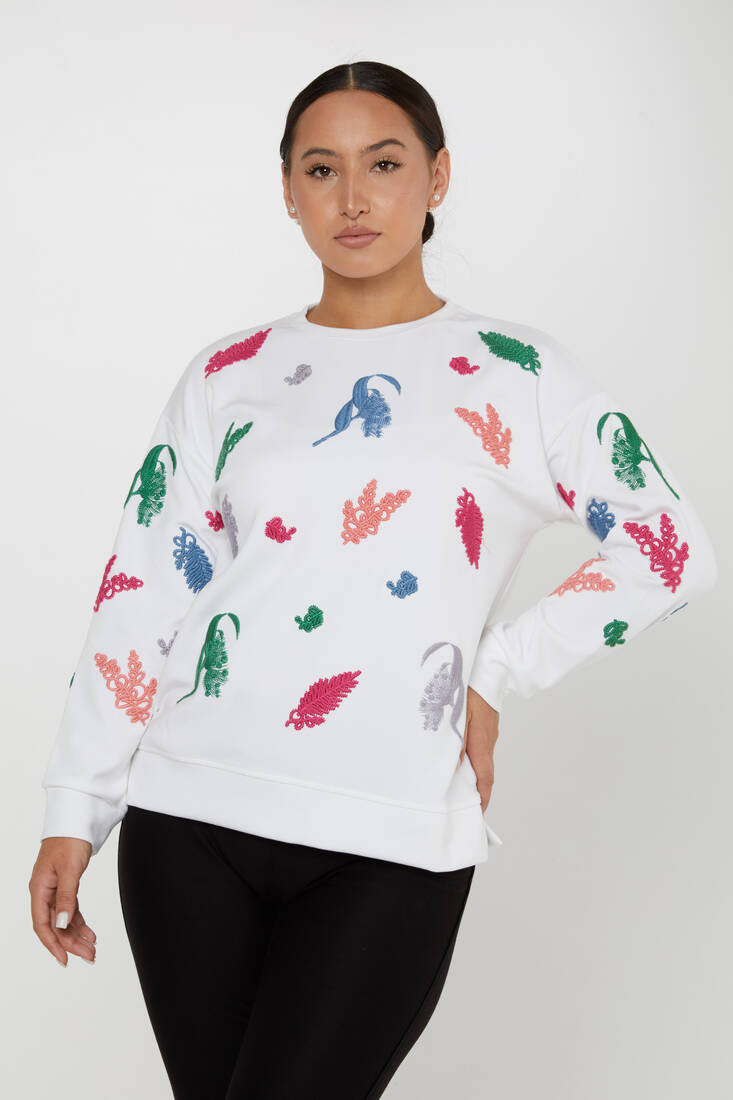 Women's Sweatshirt Embroidered Long Sleeve Ecru - 17798 | KAZEE