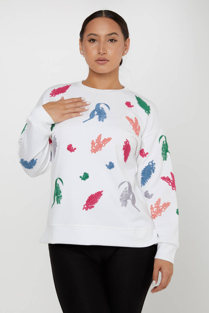 Women's Sweatshirt Embroidered Long Sleeve Ecru - 17798 | KAZEE