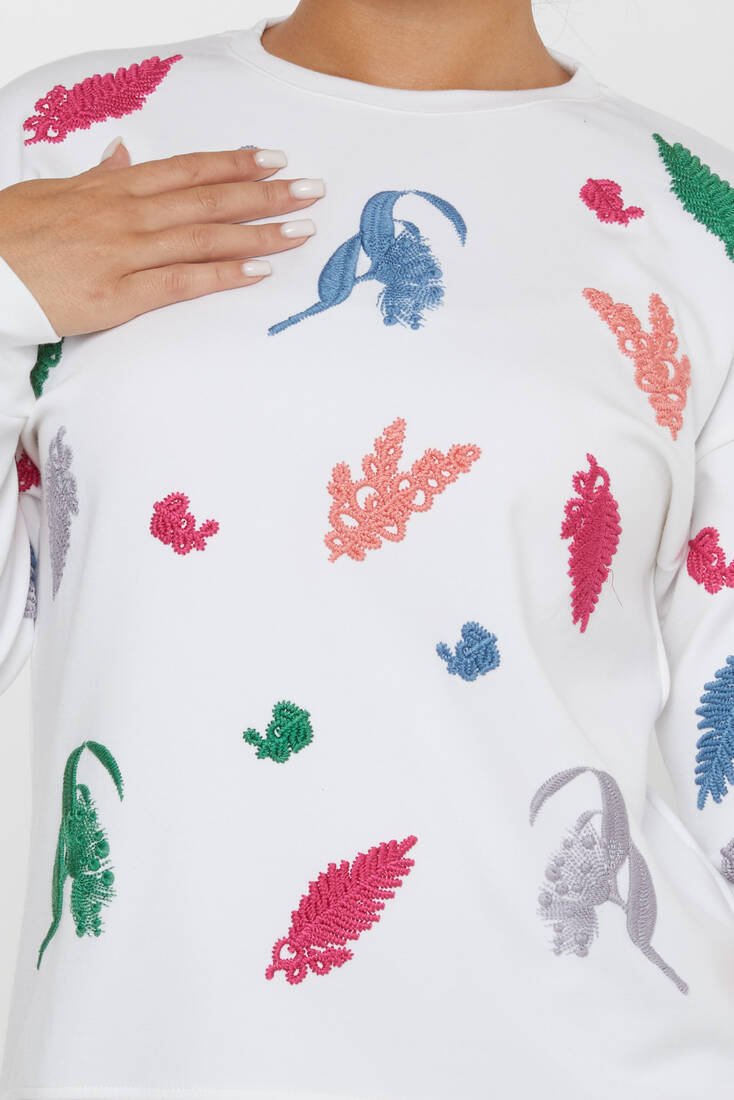 Women's Sweatshirt Embroidered Long Sleeve Ecru - 17798 | KAZEE