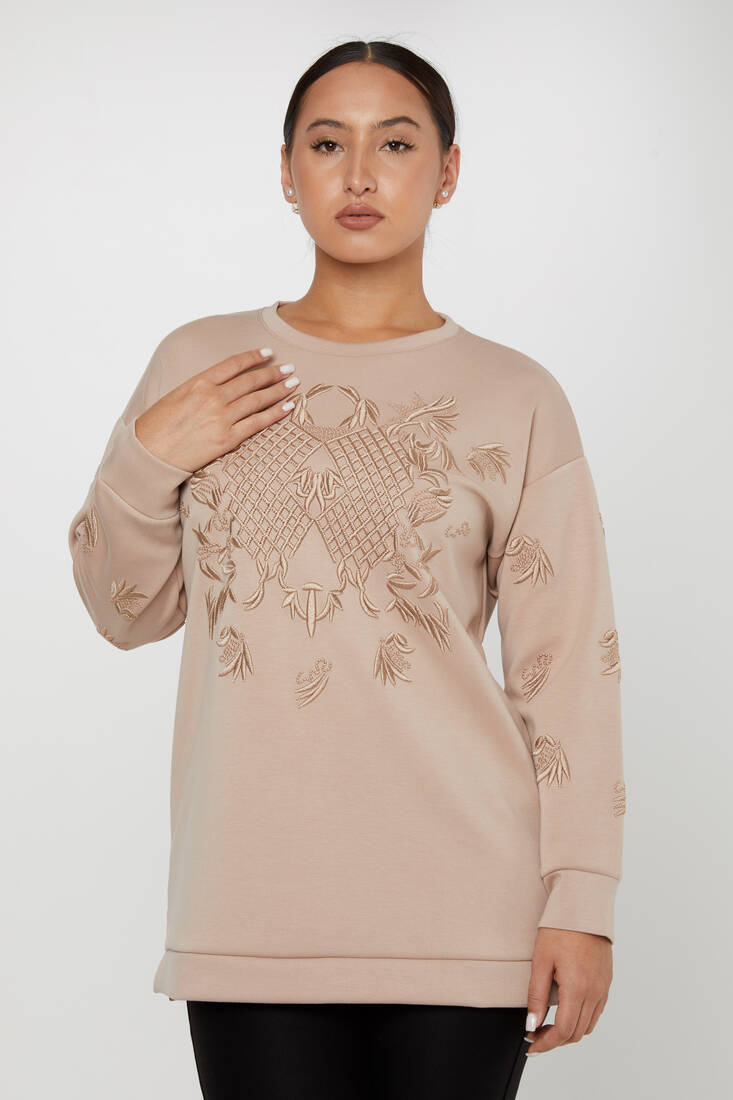 Women's Sweatshirt Embroidered Long Sleeve Mink - 17849 | KAZEE