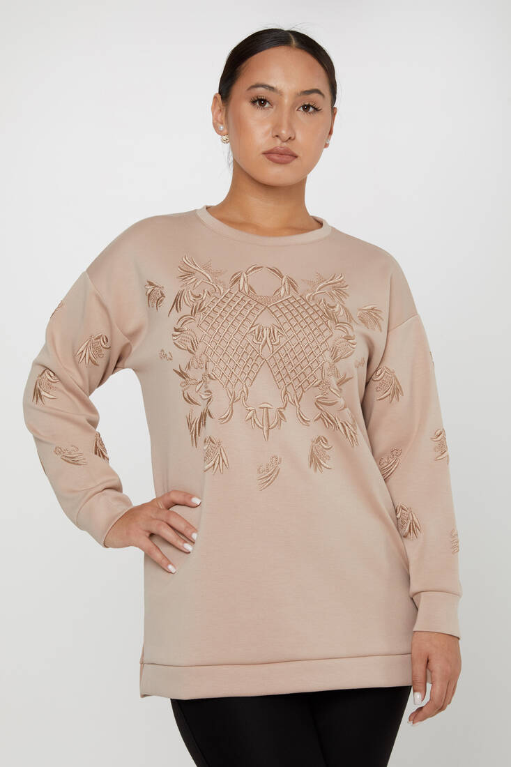 Women's Sweatshirt Embroidered Long Sleeve Mink - 17849 | KAZEE