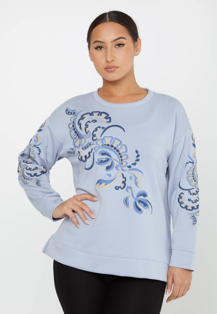 Women's Sweatshirt Embroidered Patterned Blue - 17782 | KAZEE
