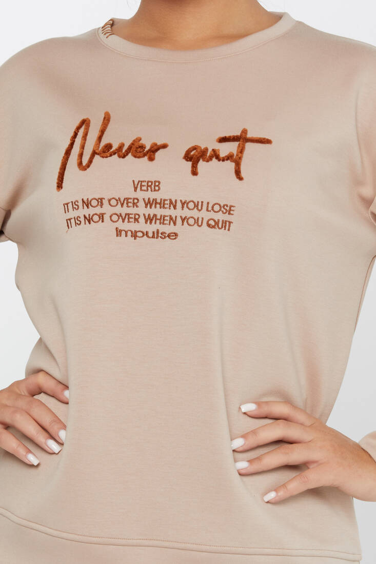 Women's Sweatshirt Embroidered Text Detail Beige - 17785 | KAZEE