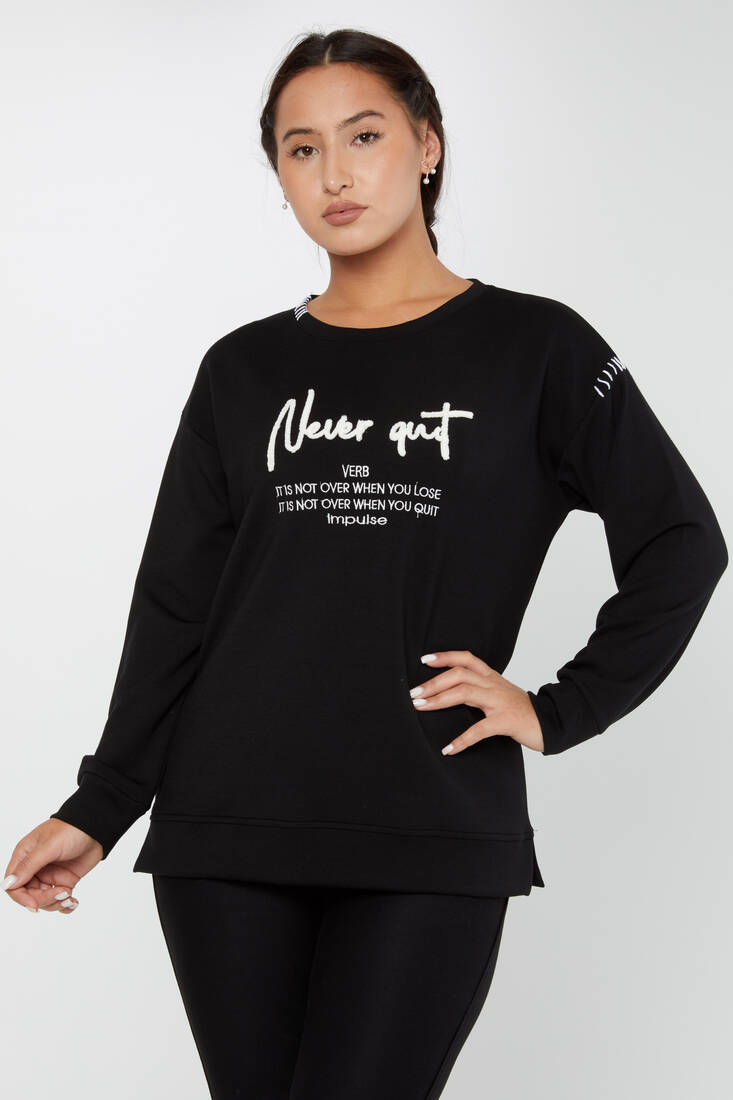 Women's Sweatshirt Embroidered Text Detail Black - 17785 | KAZEE
